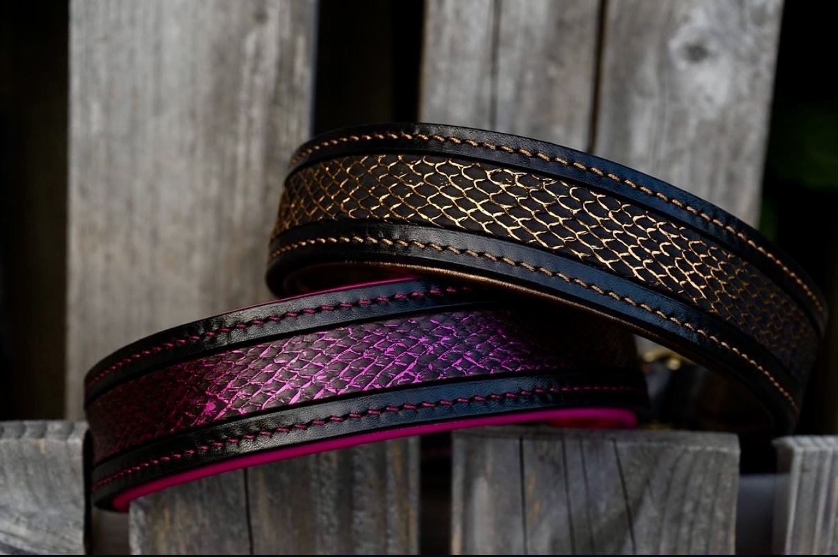 Handmade leather dog collar with Icelandic fish leather inlay by Dog Couture by Lisa